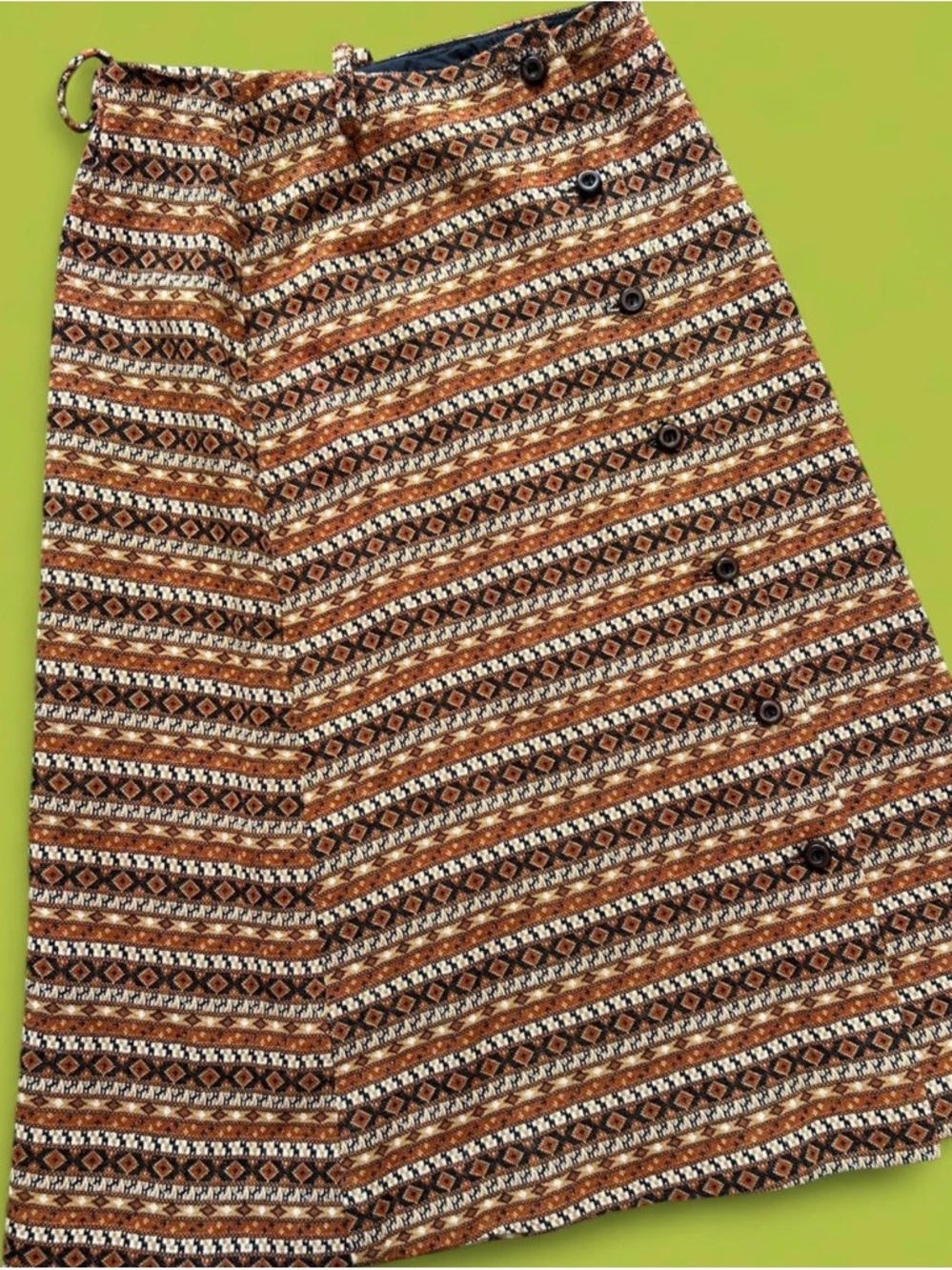 Vintage 1970’s high waisted rust orange and brown skirt.Geometric tapestry print